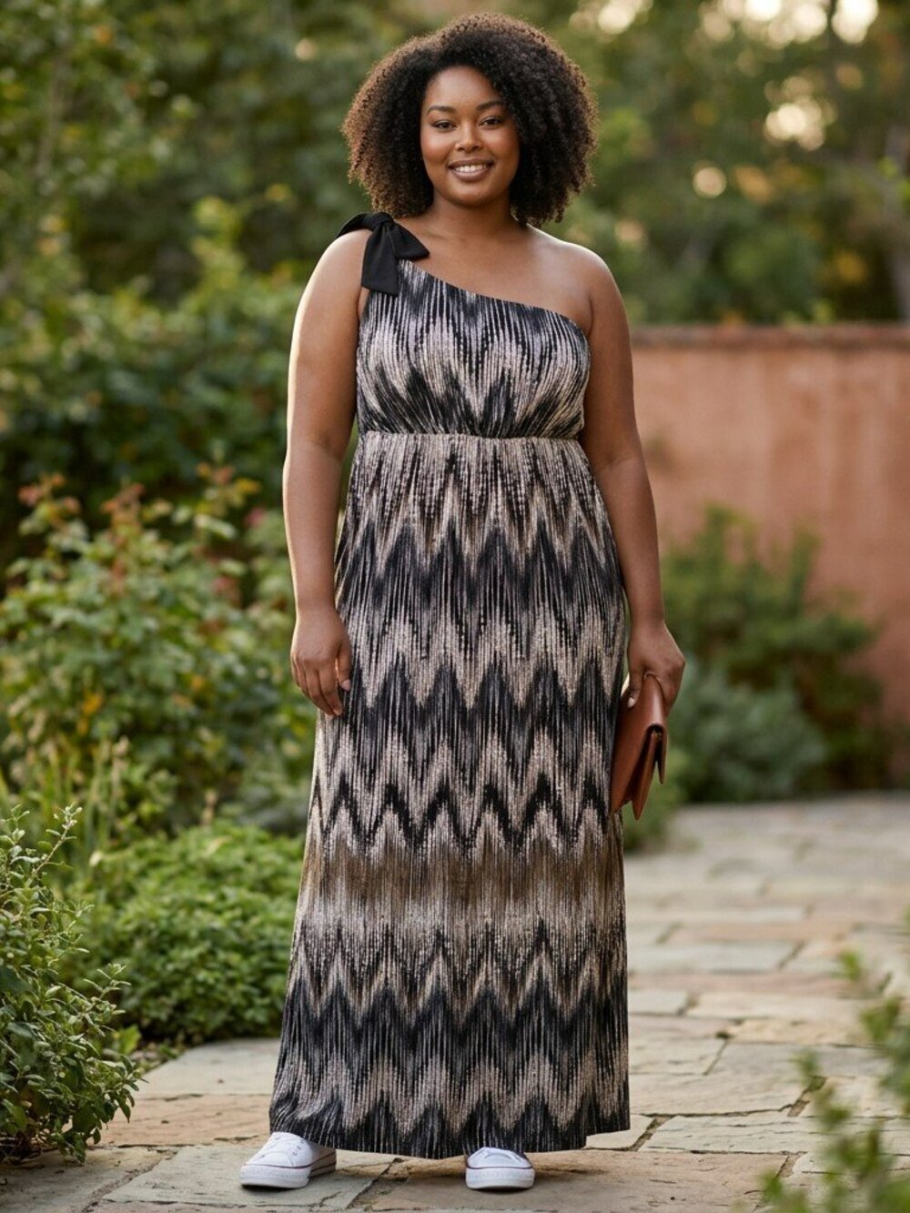 En Focus Womens 20W Black Chevron One Shoulder Sleeveless Maxi Dress 20